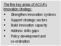 Text Box: The five key areas of ACOA’s innovation strategy: • Strengthen innovation systems • Support strategic sectors • Build innovation capacity • Address skills gaps • Policy development and co ordination 