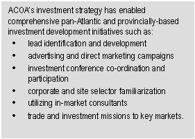 Text Box: ACOA’s investment strategy has enabled comprehensive pan-Atlantic and provincially based investment development initiatives such as: • lead identification and development • advertising and direct marketing campaigns • investment conference co-ordination and participation • corporate and site selector familiarization • utilizing in-market consultants • trade and investment missions to key markets. 