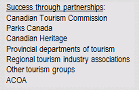 Text Box: Success through partnerships: Canadian Tourism Commission Parks Canada Canadian Heritage Provincial departments of tourism Regional tourism industry associations Other tourism groups ACOA 