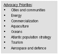 Text Box: Advocacy Priorities: • Cities and communities • Energy • Commercialization • Aquaculture • Oceans • Atlantic population strategy • Tourism • Aerospace and defence 