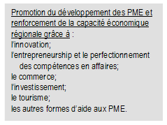 Promotion du dveloppement des PME et renforcement de la capacit conomique rgionale grce  : l’innovation; l’entrepreneurship et le perfectionnement des comptences en affaires; le commerce; l’investissement; le tourisme; les autres formes d’aide aux PME. 