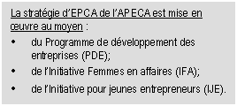 La strat�gie d’EPCA de l’APECA est mise en œuvre au moyen : • du Programme de d�veloppement des entreprises (PDE); • de l’Initiative Femmes en affaires (IFA); • de l’Initiative pour jeunes entrepreneurs (IJE). 