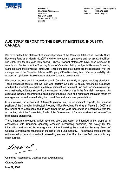 Auditors’ Report to the Deputy Minister, Industry Canada, concerning the financial position of the Canadian Intellectual Property Office Revolving Fund as at March 31, 2007