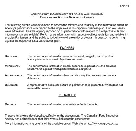 CRITERIA FOR THE ASSESSMENT OF FAIRNESS AND RELIABILITY OFFICE OF THE AUDITOR GENERAL OF CANADA