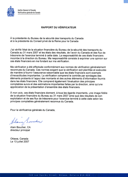 Rapport du Verificateur sign par Alain Boucher, CA, directeur principal pour la vrificatrice gnrale du Canada