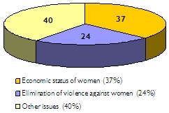 Pie chart of issues addressed: Economic status, 37%; elimination of violence, 24%; other issues, 40%