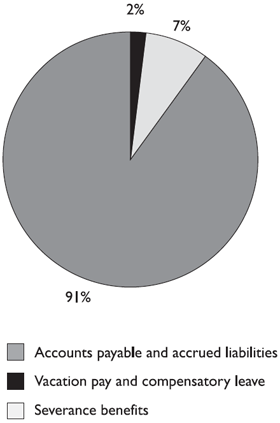 Liabilities are broken down into three items. The breakdown is as follows: (i) Accounts payable and accrued liabilities (91%); (ii) Vacation pay and compensatory leave (2%); and (iii) Severance benefits (7%).