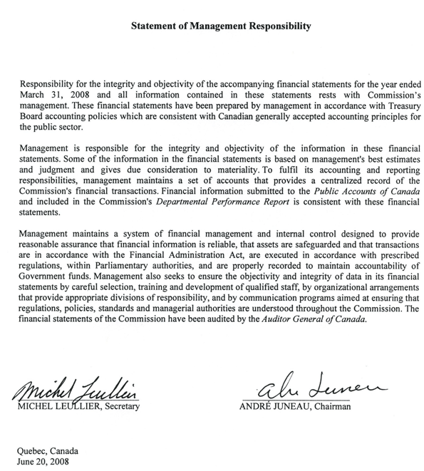 Letter "Statement of Management Responsibility"