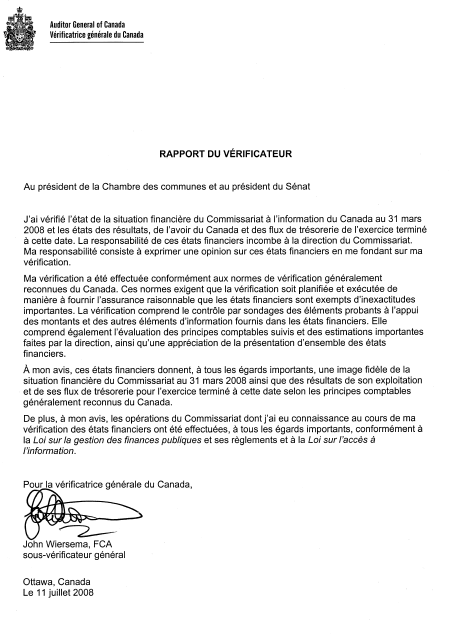 �tats financiers: Commissariat � l’information du Canada - Rapport du v�rificateur