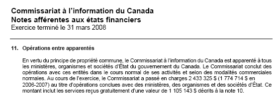 �tats financiers: Commissariat � l’information du Canada - Notes aff�rentes aux �tats financiers 