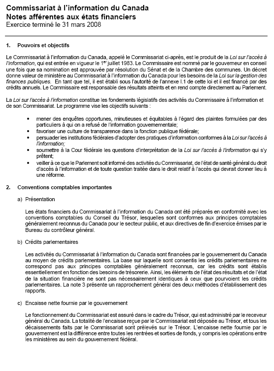 �tats financiers: Commissariat � l’information du Canada - Notes aff�rentes aux �tats financiers 