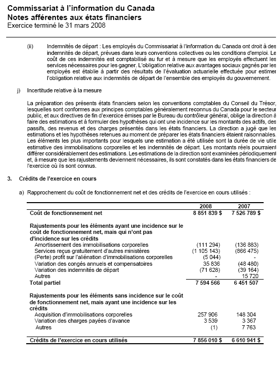 �tats financiers: Commissariat � l’information du Canada - Notes aff�rentes aux �tats financiers 
