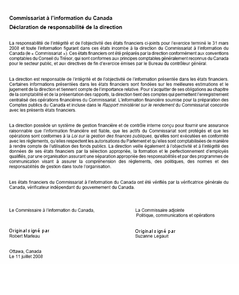 �tats financiers: Commissariat � l’information du Canada - D�claration de responsabilit� de la direction