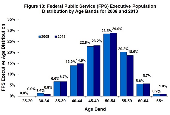 Figure 13: Federal Public Service (FPS) Executive Population Distribution by Age Bands for 2008 and 2013