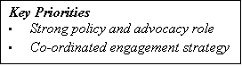 Text Box: Key Priorities
• Strong policy and advocacy role
• Coordinated engagement strategy
