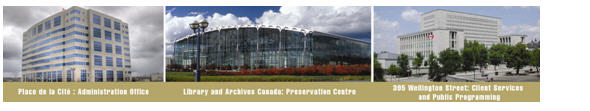 Figure showing various facilities of Library and Archives Canada, including Place de la Cité located in Gatineau housing the administrative staff. The LAC's Preservation Centre located in Gatineau housing part of the collection. The building located at 395 Wellington street, Ottawa which is open to the public.