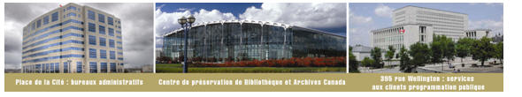 Figure illustrant trois édifices de Bibliothèque et Archives Canada, soit l'édifice de Place de la Cité, situé à Gatineau, abritant le personnel administratif; le Centre de préservation de BAC, situé à Gatineau, qui abrite une partie de la collection; l'édifice situé au 395, rue Wellington, à Ottawa, qui est ouvert au public.