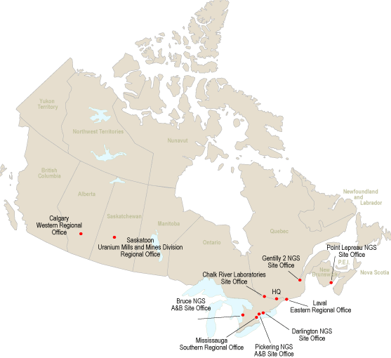 This diagram presents the locations of CNSC offices, installations, and facilities across Canada.