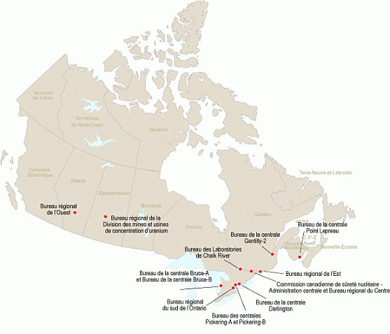 Ce diagramme indique les endroits où la CCSN a établi des bureaux et installations au Canada.