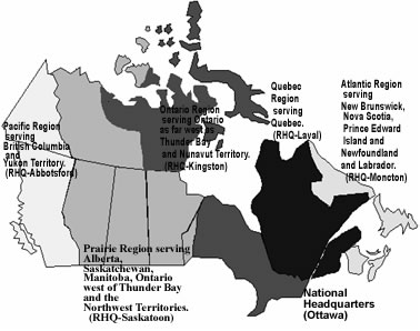 Map of Canada outlining CSC regions