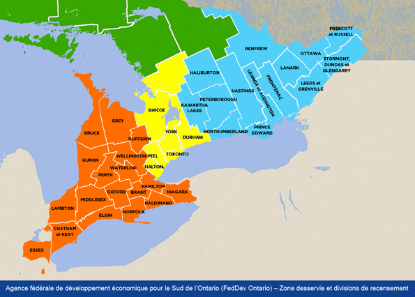 Carte du Sud de l'Ontario, comprenant les 37 divisions de recensement établies par Statistique Canada
